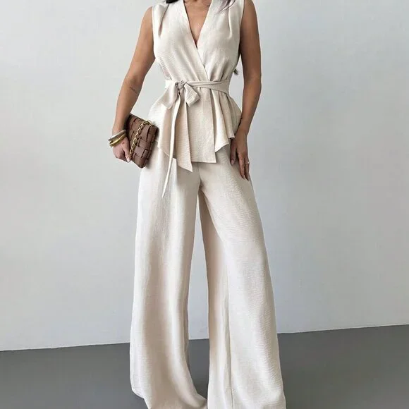 Apricot Elegant Women's Surplice Sleeveless Belted Blouse & Wide leg Pant Set - Picture 3 of 7